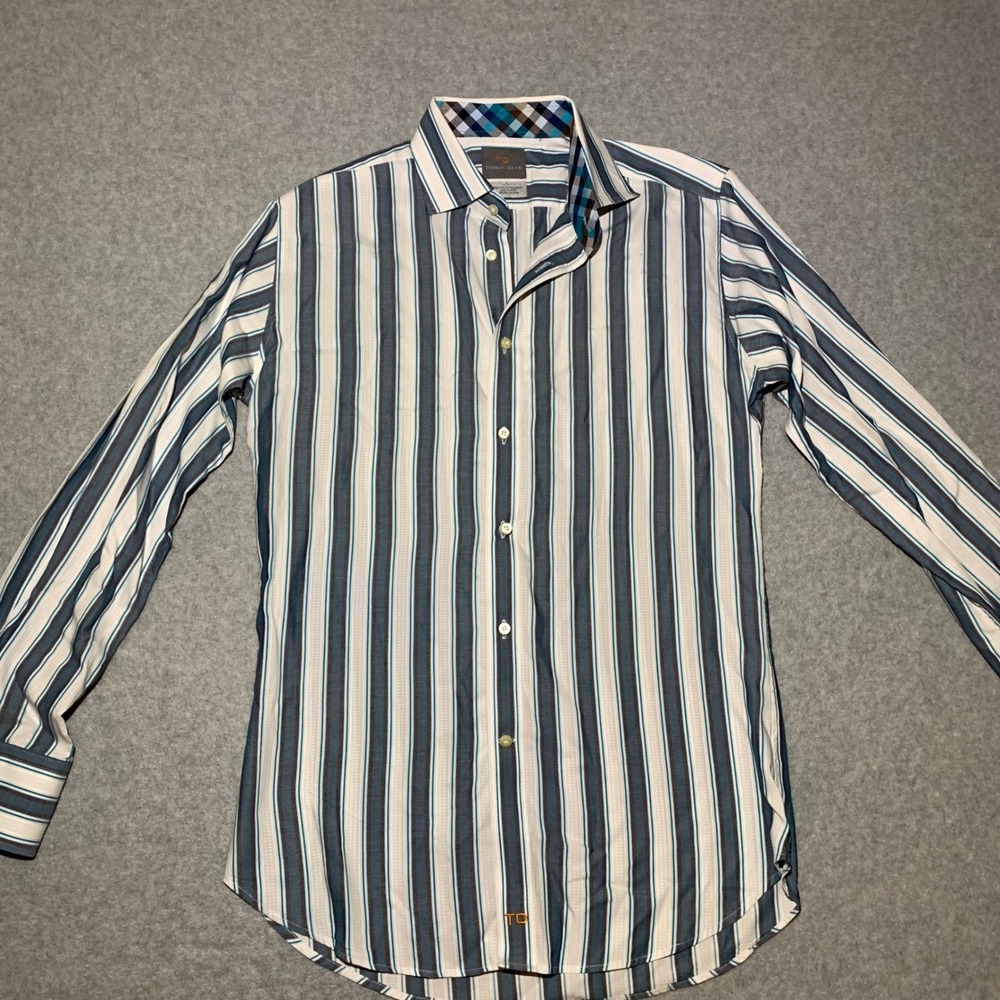 Thomas Dean Button Down Shirt Mens Medium Blue Striped Pima Cotton Long Sleeve